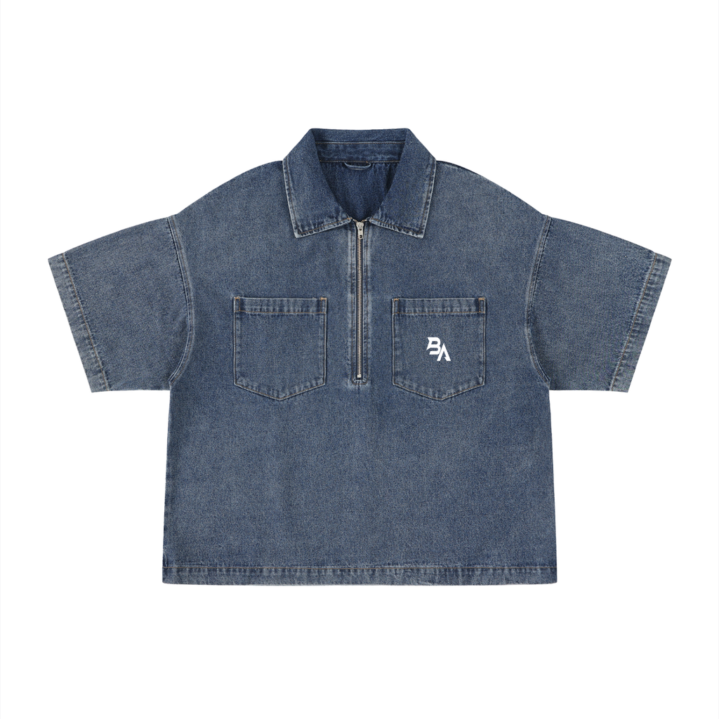Unisex Vintage Wash Boxy Quarter-Zip Denim Shirt